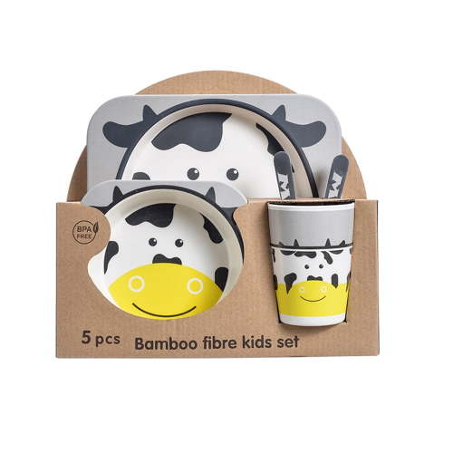 5Pcs/Set Bamboo Kids Dinnerware Set - Children Dishes - BPA Free Food Plate Bowl Cup Spoon Fork Set Dishware, Cartoon Tableware - Cow