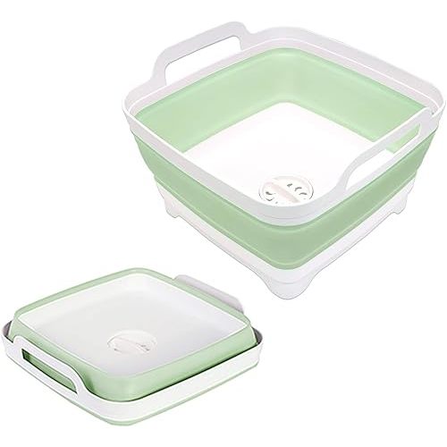 2.4 Gal(9L) Collapsible Dish Basin with Drain Plug, Space Saving Outdoor Multiuse Foldable Sink Tub, Dishpan, Kitchen Storage Tray for Camping, Vegetable Washing, RV (Green)