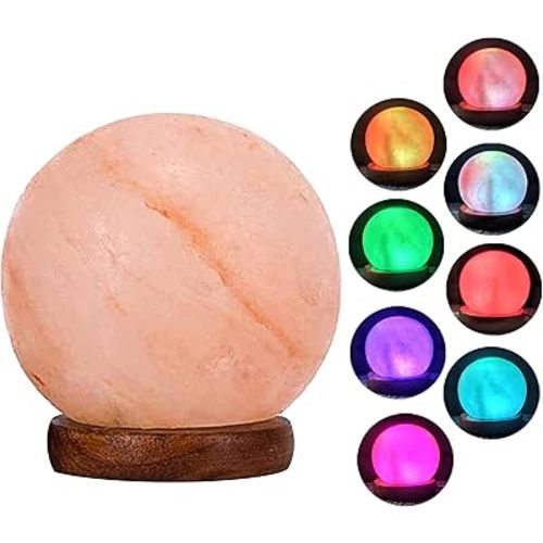 USB Himalayan Salt Lamp with 8 Colors Changing,Lovely Round Crystal Salt Rock Lamp for Living Room,Home Deco,Office,Yoga,Holiday Gift - Hand Carved,Genuine Wood Base