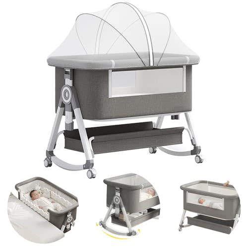 4 in 1 Baby Bassinet, Rocking Bassinets Bedside Sleeper with Comfy Mattress and Wheels, 6 Height Adjustable Easy Folding Portable Bedside Crib for Newborn Infant