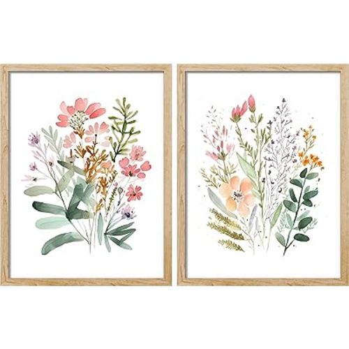 SIGNWIN Framed Set Watercolor Wildflower Wall Art, Set of 2 Floral Botanical Wall Décor Prints, Boho Wall Décor for Living Room, Bedroom - 12"x16" Natural