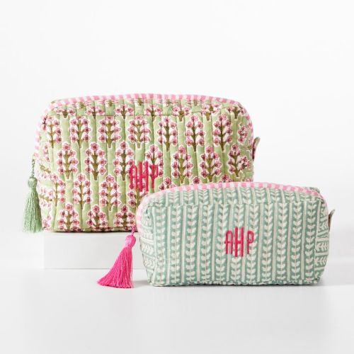 Block Print Travel Pouch Set - Green/Pink