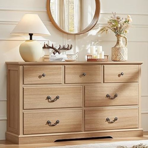 Farmhouse 7 Drawer Dresser for Bedroom,57" Wide Wood Rustic Chest of Drawers,Farmhouse Chest of Drawers for Bedroom,Wood Drawer Organizer for Bedroom,Hallway,Natural