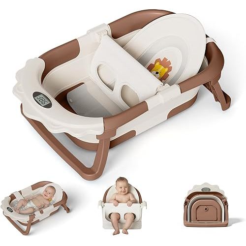 MoreFeel Foldable Baby Bathtub with Thermometer - 4-in-1 Grow-with-Me Collapsible Infant Tub (Newborn to Toddler) with Adjustable Mesh Sling - Space Saving Design