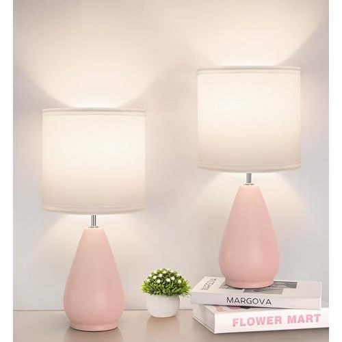 Ceramic Table Lamps Set of 2, Small Pink Bedside Lamps for Bedroom Modern Nightstand with 3 Color Temperatures for Living Kid’s Room Reading Office Dorm (2 Bulbs Included)