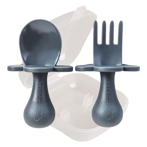 Grabease Toddler Spoon & Fork - First Stage Baby Spoons for Self Feeding from 4+ Months - BPA-Free & Phthalate-Free Baby Utensils & Silverware - 1 Set, Gray - Silverware Set - 1 Year Old Utensils