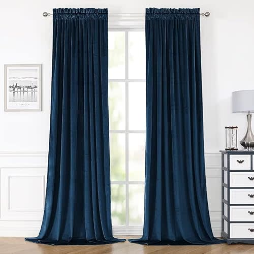 Navy Velvet Curtains 84 Inches for Bedroom, Thermal Insulated Blackout Curtains- Room Darkening Sun Blocking Rod Pocket Window Drapes for Living Room, 2 Panels, 42 x 84 Inches