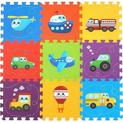 Baby Play Mat, Foam Playmat for Babies, Kids Play Mat, Foam Floor Tiles 34×34 9 Pieces Vehicle Puzzle Mat