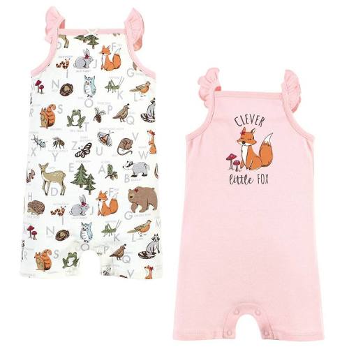 Touched by Nature Infant Girl Organic Cotton Rompers, Woodland Alphabet