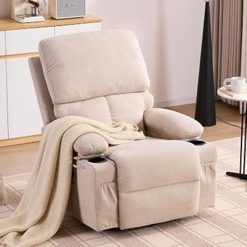Recliner Chair for Adults, Nursery Glider Recliner with Massage and Heat, 360° Swivel Rocker Recliner, Manual Reclining Chair with Cup Holder, Side Pocket, Ergonomic for Moms and Elderly, Beige
