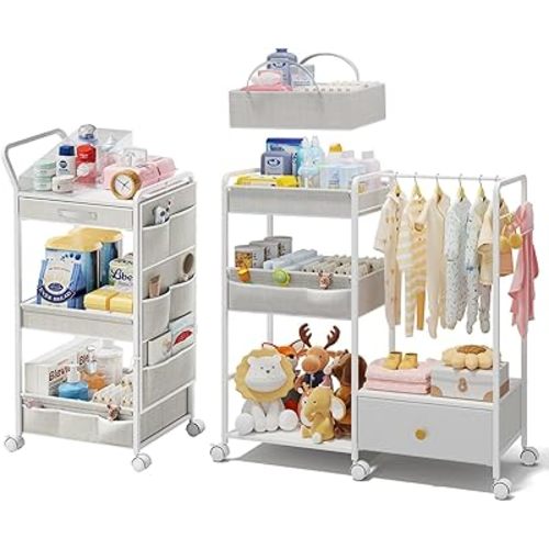 BBLIKE 3in1 Diaper Caddy Organizer - Diaper Caddy & Rolling Diaper Cart for Nursery and Baby Essentials, Multi-Function Utility Cart for Bedroom and Bathroom(White Hanger&Pocket)