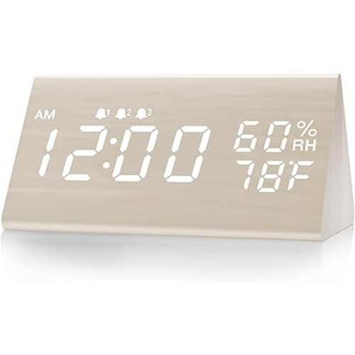 Digital Alarm Clock, with Wooden Electronic LED Time Display, 3 Alarm Settings, Humidity & Temperature Detect, Wood Made Electric Clocks for Bedroom, Bedside, Desk, White
