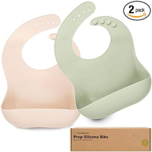 KeaBabies 2-Pack Silicone Bibs for Babies, Toddlers Girl, Boy – Sturdy Food-Grade Baby Bibs for Eating, Large Food Catcher, Clean & Put On Easily, Waterproof Toddler Feeding Essentials (Macaron)