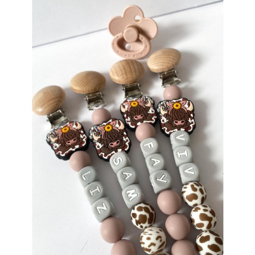 Highland Cow Print Silicone Pacifier Clip • Personalize with Newborn Baby Girl Name • Custom Cowgirl Baby Shower Gift