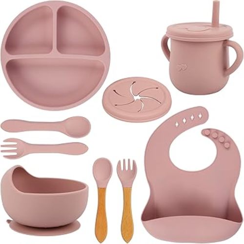 Silicone Baby Feeding Set, Food Grade BPA Free Essentials for Toddler Kids, Weaning Supplies Include Baby Plates and Bowls Baby Bib Suction Divided Plates Soft Bowl Spoons Forks (Pink)