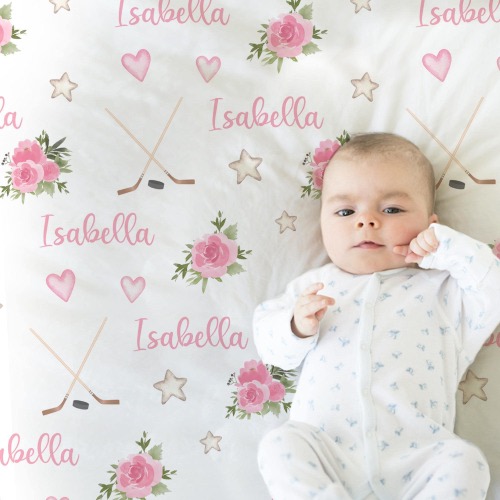 Personalized Girl Hockey Pink Flowers Baby Name Blanket