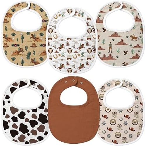Cuffbow 6 Pack Western Cowboy Bibs, Cotton Muslin with Adjustable Snaps