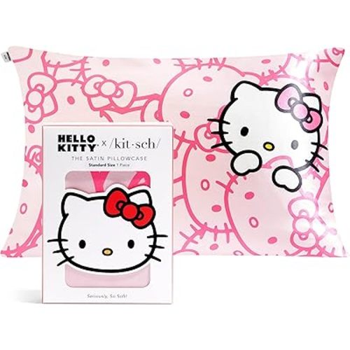 Kitsch x Hello Kitty (Pink Kitty Faces) - Satin Pillowcase with Zipper for Hair and Skin, Softer Than Silk Pillow Case, Cooling Pillow Cover, Machine Washable, Queen/Standard (19x26)