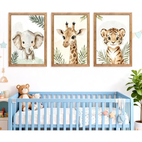 3 Set Safari Nursery Wall Decor, 11x16 Inch Framed Cute Giraffe Elephant Tiger Print Sign, Jungle Theme Cartoon Animal Wall Art for Baby Girl Boy Room Decoration, Natural