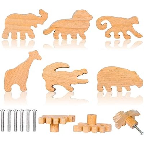 Whaline 6pc Wood Safari Animal Dresser Knobs with Screws - Cute Jungle Animal Shaped Natural Wooden Furniture Knobs for Nursery Drawer Handles