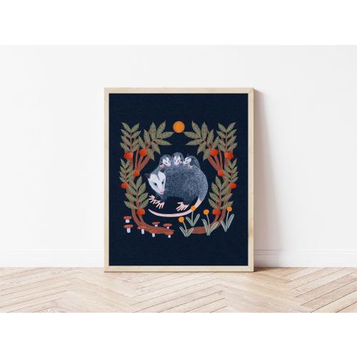 Mama Opossum, Babies, and Persimmon Nature Print Illustration - 8x10