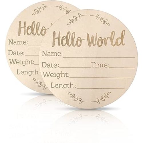 2 Pack Baby Announcement Sign, 5.9 Inch Wooden Hello World Newborn Signs, Name tags for twin babies, Baby Shower Hospital Nursery for Newborn Boys and Girls