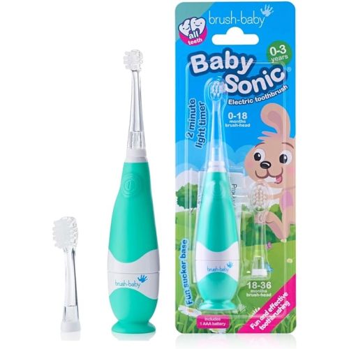 brush-baby BabySonic Infant and Toddler Electric Toothbrush for Ages 0-3 Years - Smart LED Timer and Gentle Vibration Provide a Fun Brushing Experience - Includes 2 Sensitive Brush Heads (Teal)