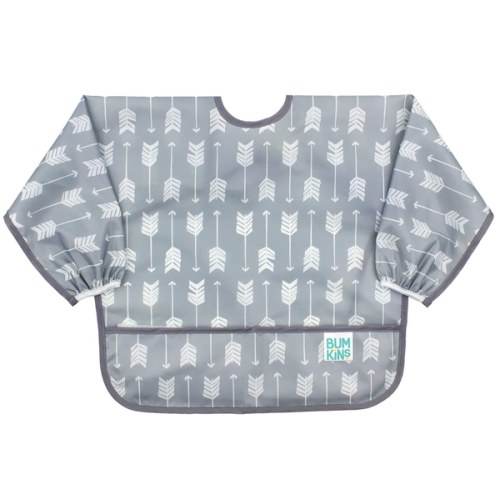 Bumkins Sleeved Bib for Girl or Boy, Baby and Toddler for 6-24 Mos, Essential Must Have for Eating, Feeding, Baby Led Weaning Supplies, Long Sleeve Mess Saving Food Catcher, Soft Fabric, Gray Arrows