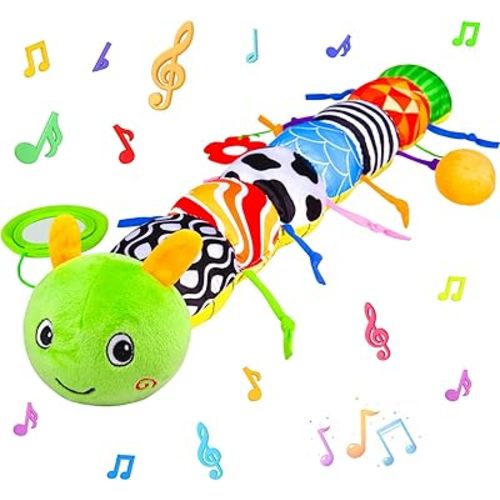 Baby Toys 0-6 6-12 Months, Stuffed Animal Infant Tummy Time Toys Sensory Toys with Crinkle, Rattles, Textures and Mirror Gifts for Newborn Boy Girls Toddlers, Caterpillar Musical Toy (Green)