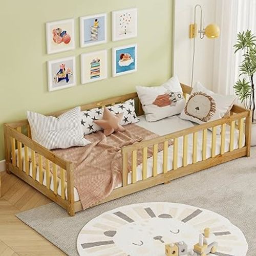 Bellemave Twin Size Floor Bed for Kids, Twin Floor Bed with High Fence, Wooden Montessori Beds for Kids, Natural with Rails