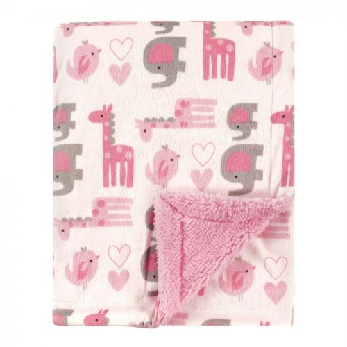 Luvable Friends Baby Girl Plush Blanket with Faux Shearling Back, Girl Safari, One Size