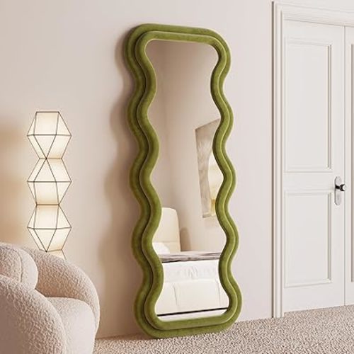 BOJOY Full Length Mirror 63"x24", Irregular Wavy Mirror, Arched Floor Mirror, Wall Mirror Standing Hanging or Leaning Against Wall for Bedroom, Flannel Wrapped Wooden Frame Mirror -Green