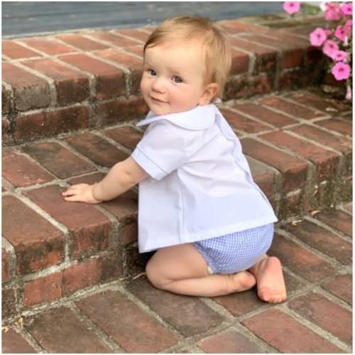 Boy Pleated Peter Pan Shirt Set, Checked Bloomers, Diaper Shirt