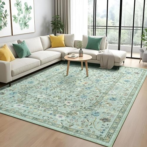 Vasofe 8x10 Area Rug for Living Room, Washable Rugs for Bedroom Room, Dining Room, Vintage Floral Indoor Non Slip Carpet Farmhouse Light Green Throw Carpets Soft Low Pile Mat for Classroom Playroom