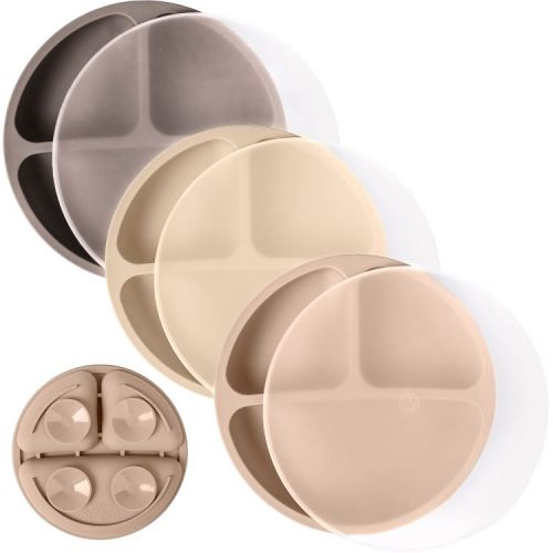 WeeSprout Suction Plates for Babies & Toddlers 100% Silicone Divided Design - With Lids, 3 Pack (Matte Dark Grey, Off White & Tan)