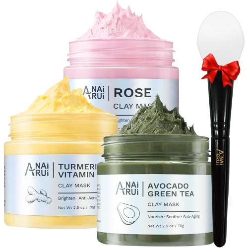 ANAI RUI 3 Pack Pore Purity Cleansing Clay Mask Set Absorbs Excess Oil,Turmeric Vitamin C Clay Mask -Rose Facial Mask -Avocado Green Tea Mud Mask,Facial Mask Skincare for Deep Cleansing 2.5 oz each