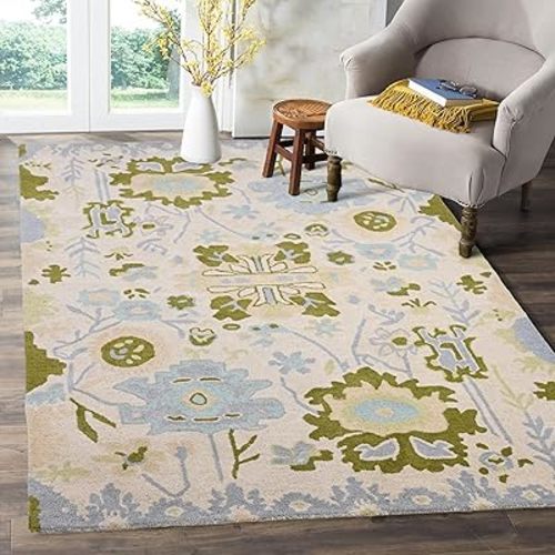 Handmade Oushak Wool Area Rug | Floral and Botanical Patterns in Soft Blue and Green | Luxurious Thick Pile for Living Room, Bedroom & Dining Room Decor (Blue & Green, 5' x 8')