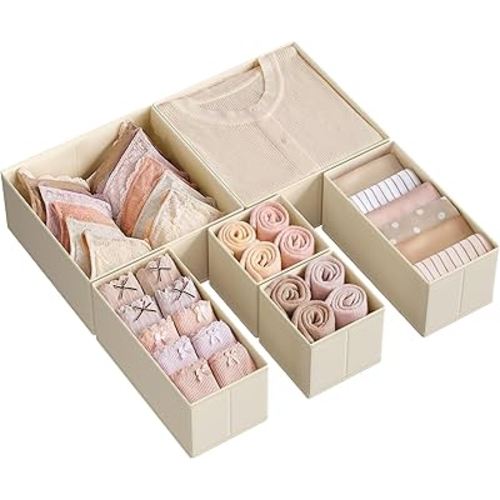 SONGMICS Drawer Organizer, Dresser Drawer Organizers, Set of 6, Foldable Fabric Storage Bins for Socks, Underwear, Bras, Ties, Scarves, Sand Beige URDZ006Y01