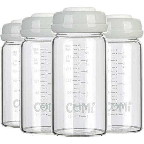 COMI Wide Neck Glass Breastmilk Collection n Storage Bottle, 8oz with Screw Ring Sealing Disk; Re-markable Sealing Disc. BPA Free, Fits Breast Pumps & Nipples (4 Gray Lids)