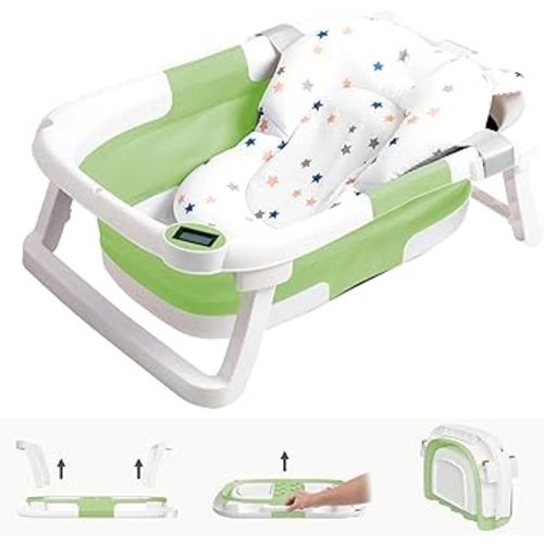 Collapsible Baby Bathtub,Baby Bath Tub with Soft Cushion & Thermometer,Baby Bathtub Newborn to Toddler 0-36 Months,Portable Travel Baby Tub (Green)