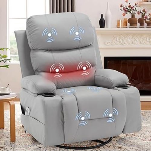 KCQ Electric Massage Swivel Rocker Recliner Chairs with Heat Overstuffed Faux Leather Power Rocking Recliner Lounge Chair with Cup Holders, 9155E Light Grey