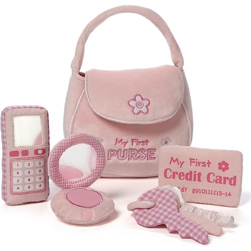Baby GUND Play Soft Collection, My First Purse 5-Piece Plush Playset with Rattle, Mirror and Crinkle Plush Toys, Sensory Toy for Babies and Newborns, 8” - Purse Set
