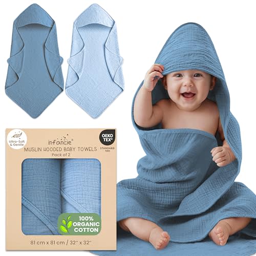 100% Organic Cotton Muslin Baby Hooded Towels 32x32 Inch – 2 Pack Soft & Absorbent Baby Towels with Hood for Boys & Girls, Premium Hooded Towels, Gentle Baby Essentials in Deep Blue/Aquarius