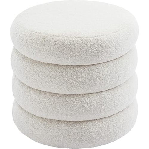 Flouki 20.1'' Storage Ottoman Round, Sherpa Pouf Ottoman Foot Rest with Removable Lid, Modern Off-White Vanity Stool Seating for Girls Women, Foot Stool for Living Room