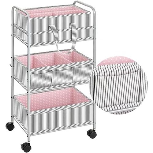 WILLBOND 2in1 Baby Diaper Caddy Organizer Cart, 3 Tier Large Capacity Metal Utility Bedside Rolling Cart with Divider for Newborn Registry Nursery Essential Must Have Gift Baby Shower Bedroom(Pink)