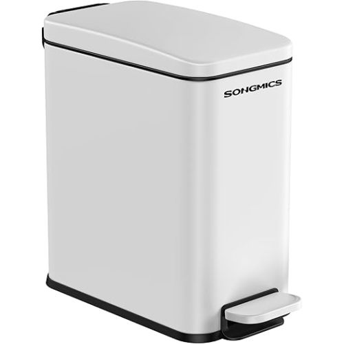 SONGMICS Bathroom Trash Can, 2.6 Gallon (10 L) Small Trash Bin with Lid, Slim for Small Spaces, Stainless Steel Garbage Can, Soft Close, White ULTB561W10