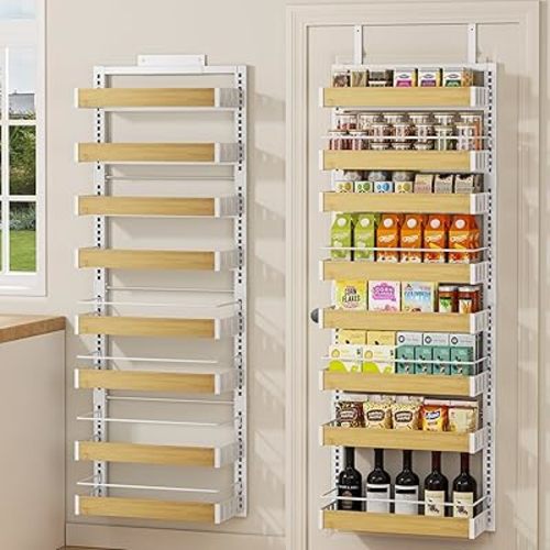 8 Tier Over The Door Pantry Organizer, 2 IN 1 Wall Mount or Hanging Spice Rack Seasoning Shelves with Adjustable Basket, Back of Door Organizer and Storage for Kitchen Cabinet and Room Closet
