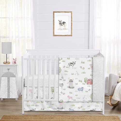 Sweet Jojo Designs Farm Animals Boy or Girl Baby Crib Bedding Set for Infant Nursery Room Grey Red Black and White Gender Neutral Watercolor Farmhouse Lattice Gray Green Barn Horse Cow Sheep Pig
