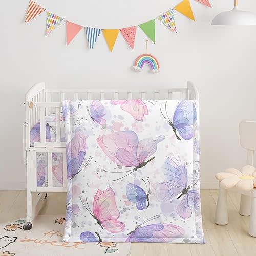 Smell Sunshine Crib Bedding Set,3pcs Nursery Gradient Butterfly Printed Crib Bedding Set,with Comforter Sheet & Skirt for Baby Boys and Girls(Butterfly-2)