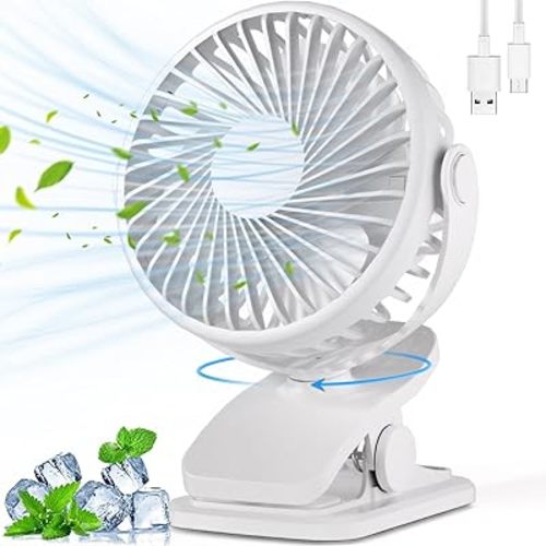 Portable Clip on Fan, 360° Rotate Battery Operated Stroller Fan, 3 Speed Quiet Mini Personal Desk Fan, USB Rechargeable Cooling Fans for Outdoor Camping Golf Cart Stroller Home Office White